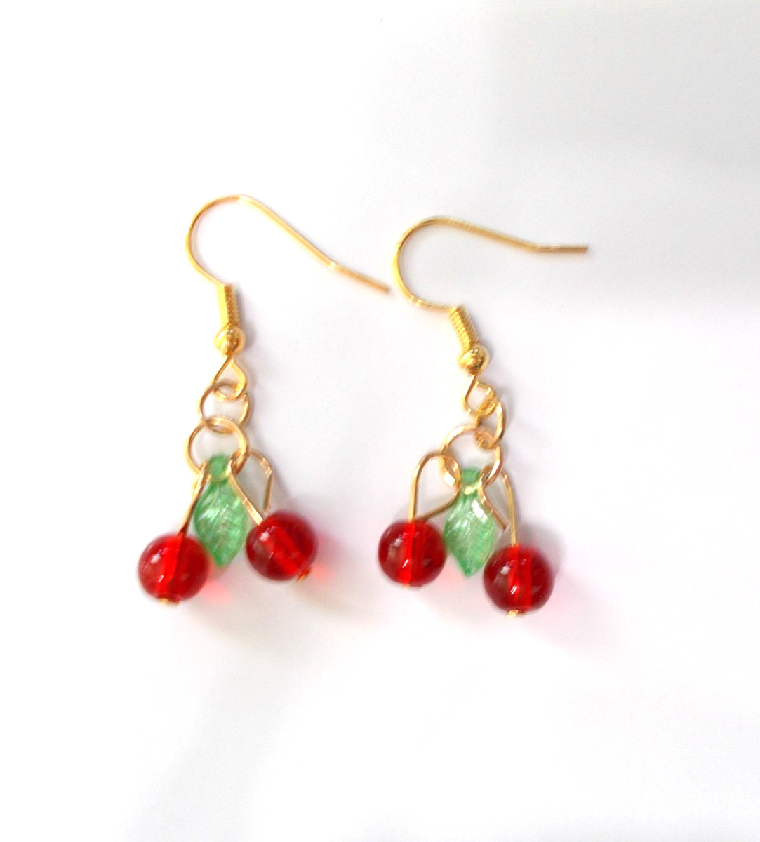 CHERRIES AND LEAVES FRUIT ON GOLD/ EARRING HANDMADE ACRYLIC JEWELRY