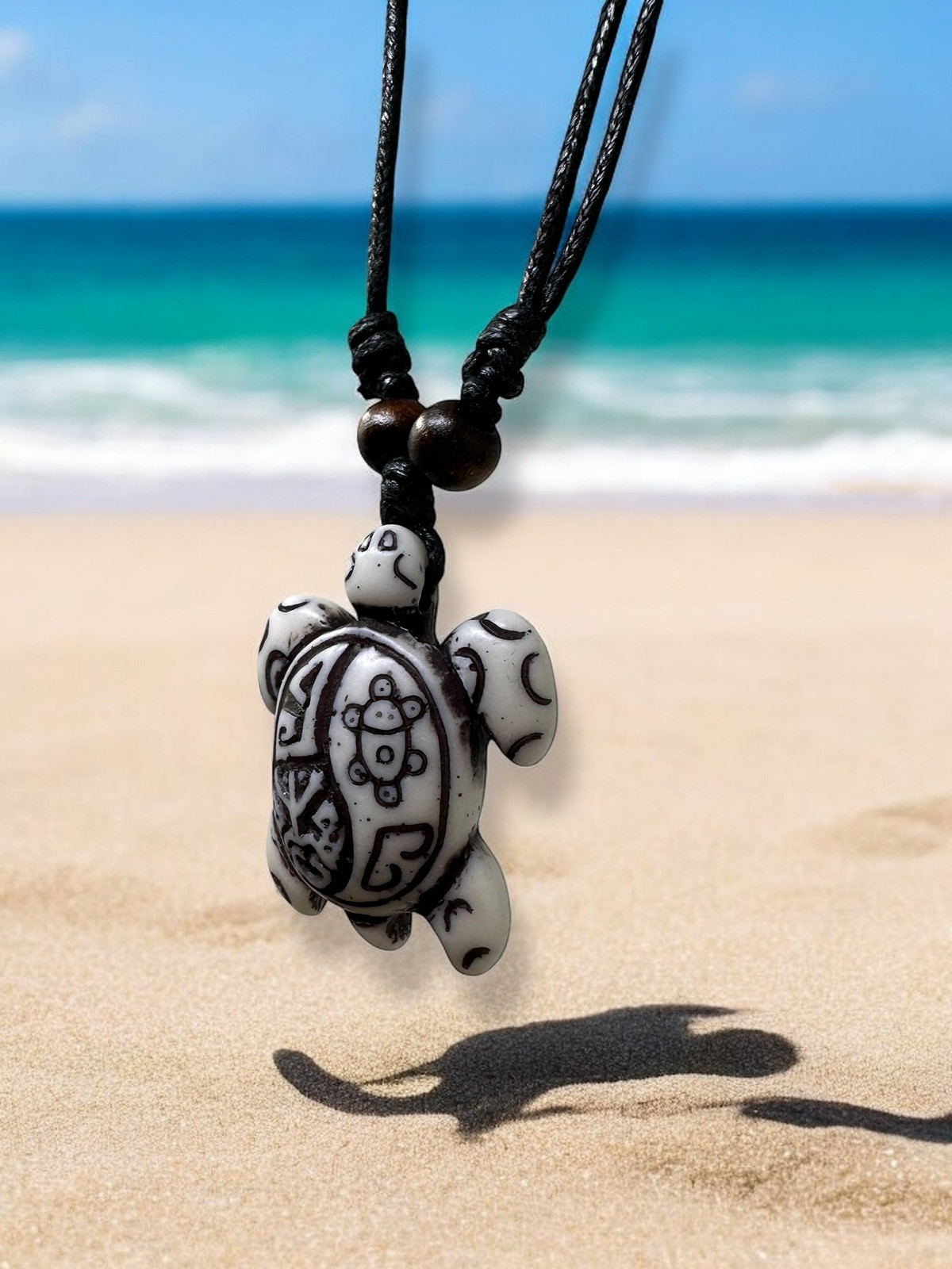 Handmade Turtle Pendant Necklace – Rasta (Hand-Painted), White, Brown – Taino