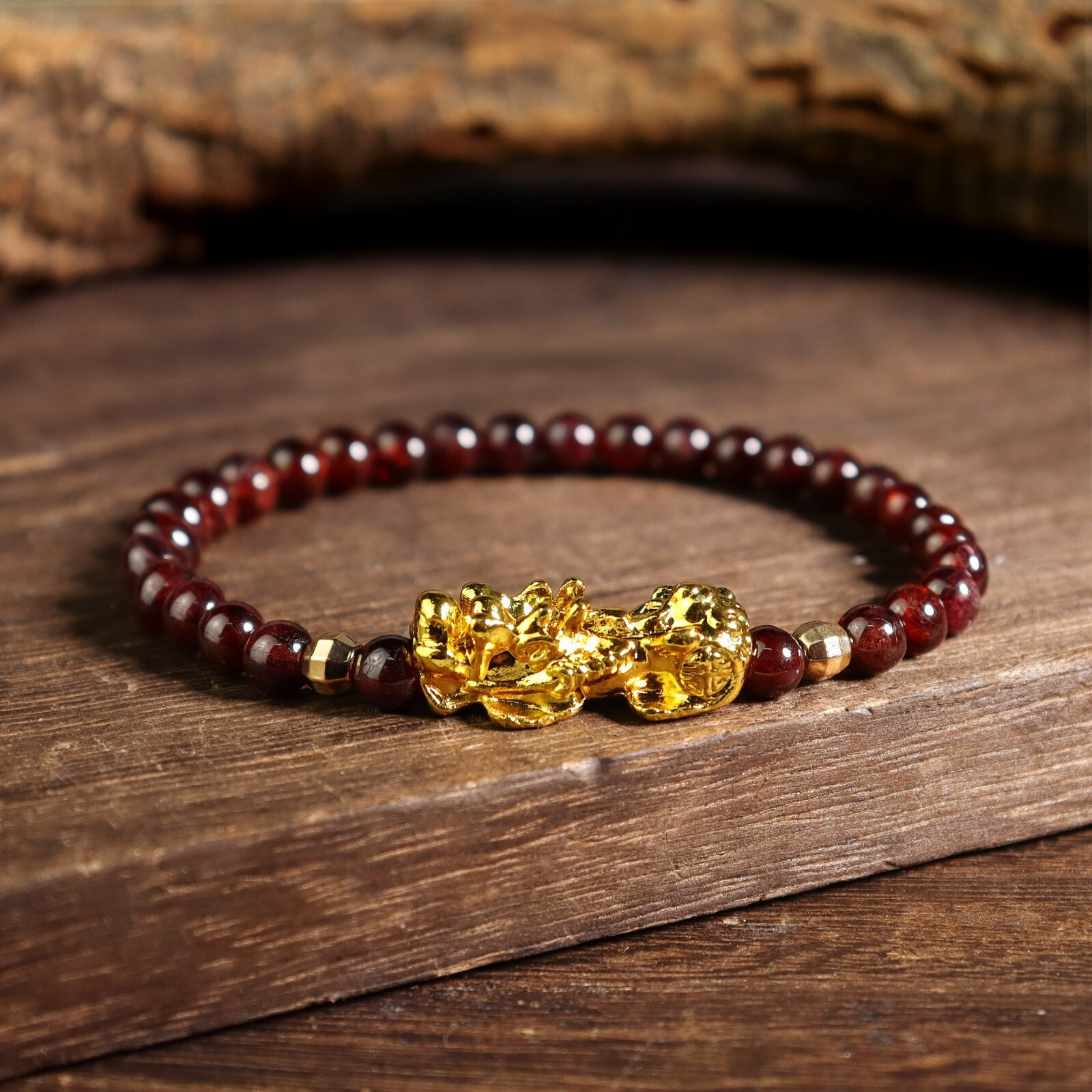Natural Garnet 6mm Bead 14K Gold Pixiu Wealth & Luck Fengshui Healing Bracelet