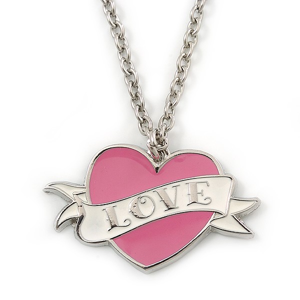 PINK COOKIE IN PURSE Enamel Heart Pendant With 42cm L/ 5cm Ext Rhodium Plated