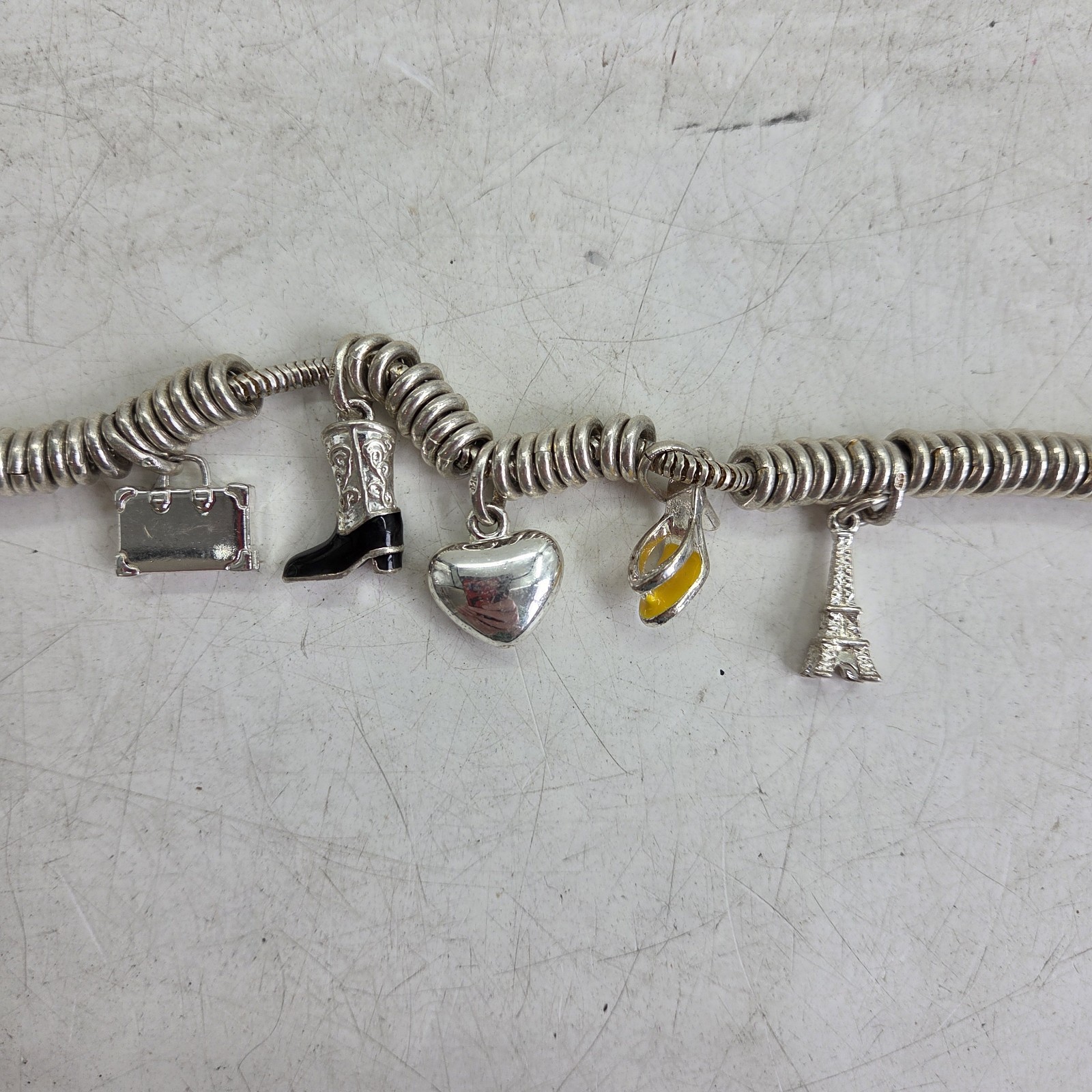 Links of London Charm Bracelet Silver Toggle Clasp Travel Boot Heart Used Good
