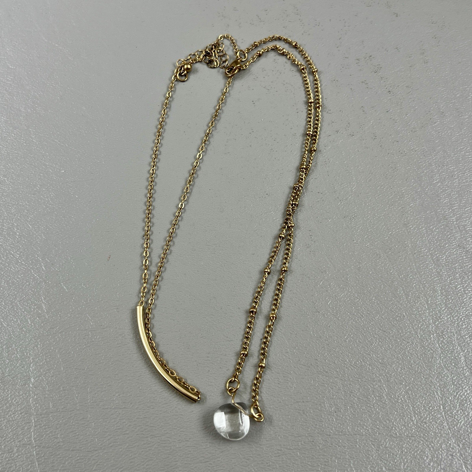 Gold Tone Layered Necklace Bar & Clear Acrylic Crystal Pendant Double Chain