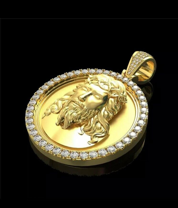 Jesus Face Pendant – Iced Charm & Necklace – Gold Tone Religious Fashion Jewelry