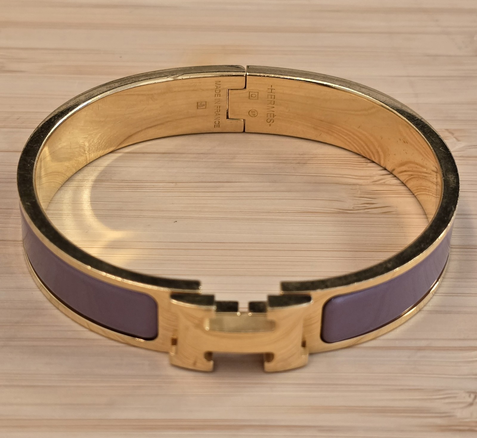 Hermes Clic H Gold-Plated Bangle Bracelet Lavender Enamel Made in France
