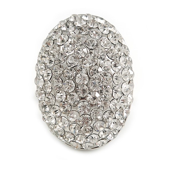 30mm Dome Shape Crystal Ring In Silver Tone Metal/ Clear/ Size 7/8 Adjustable