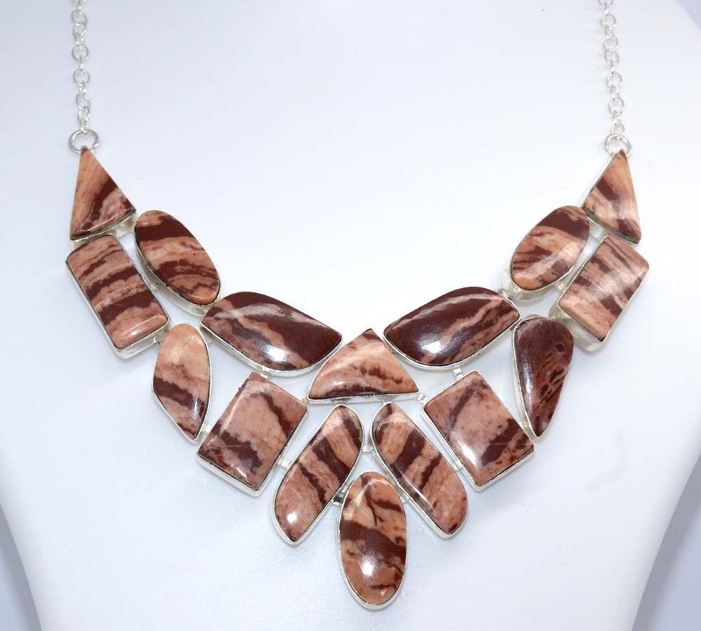 925 Silver Plated Big Cluster Coconut Jasper Necklace 17″ Best Seller Design GW