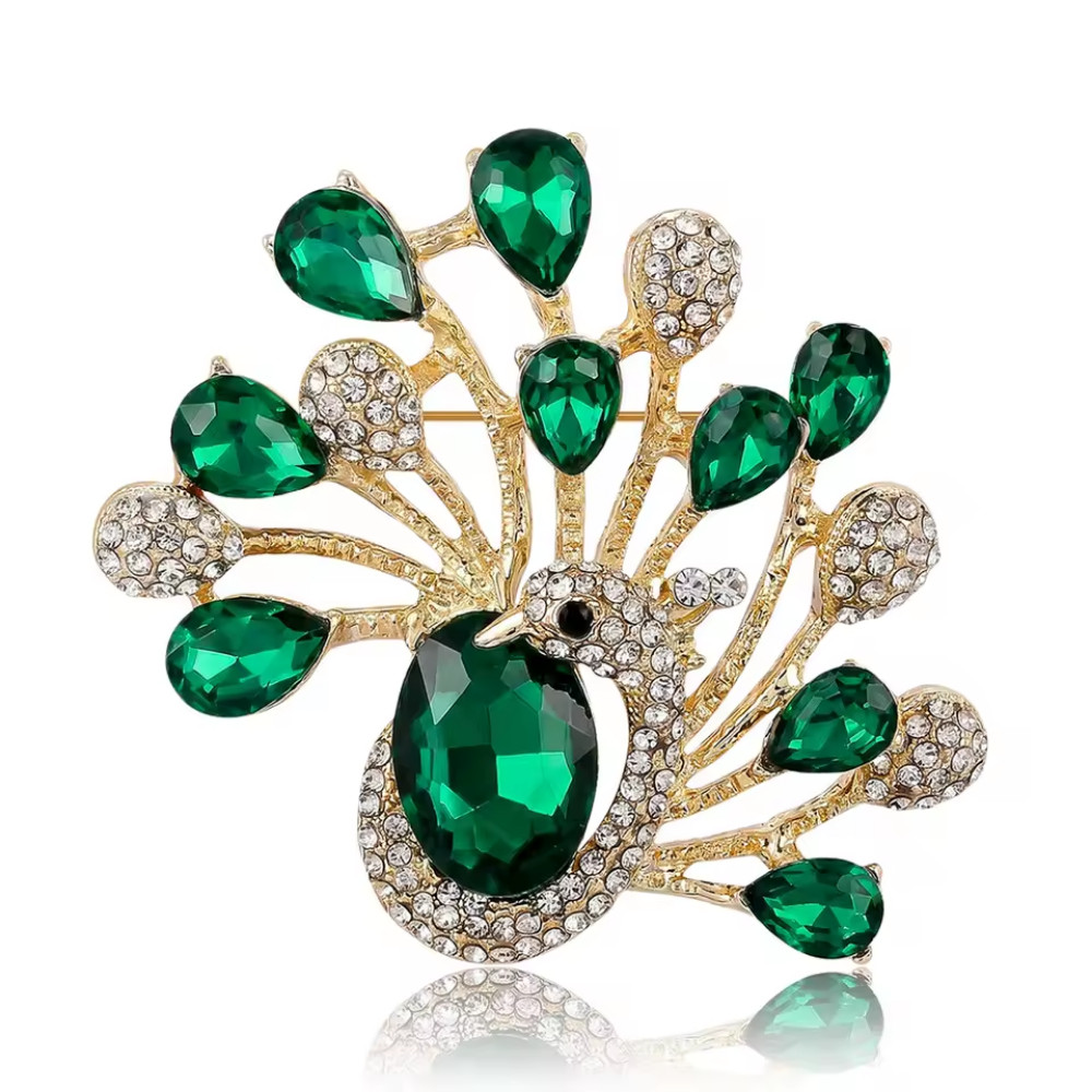 Green Crystal Peacock Brooch Pin Gold Tone Rhinestone Bird Statement JewelryGift