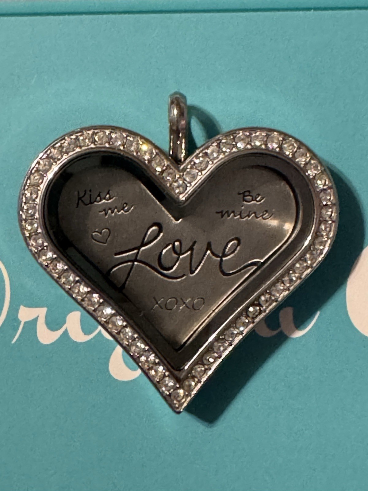 Origami Owl Silver Toned Crystal Face Heart Locket With Love Insert Plate