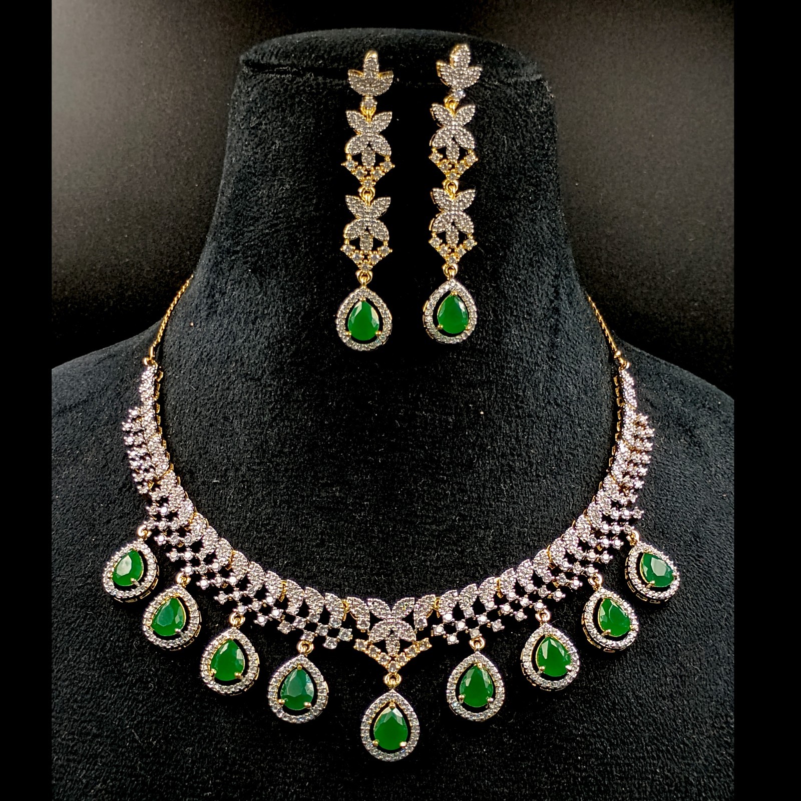 Indian Wedding Emerald CZ Jewelry Set 22k Gold Plating Traditional Temple Choker