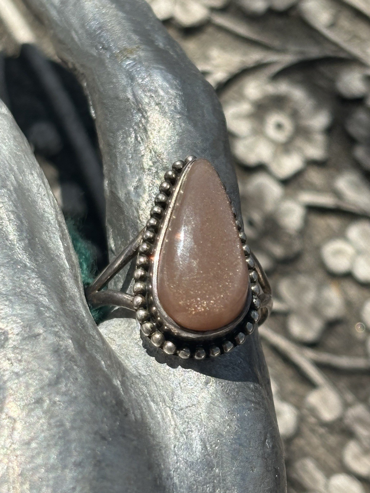 Handmade sterling silver peach moonstone ring size 8