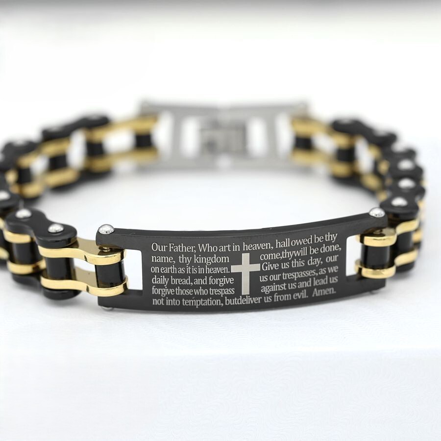 Men 8.5″ Stainless Steel Black Bible Verses Bike Link Gold PlatedBracelet*Box