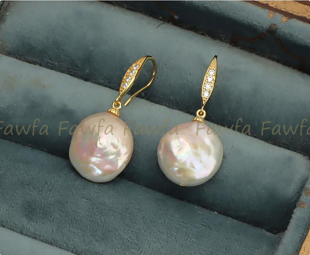 Natural 12-13mm White Freshwater Coin Pearl Dangle Rhinestone Hook Earrings