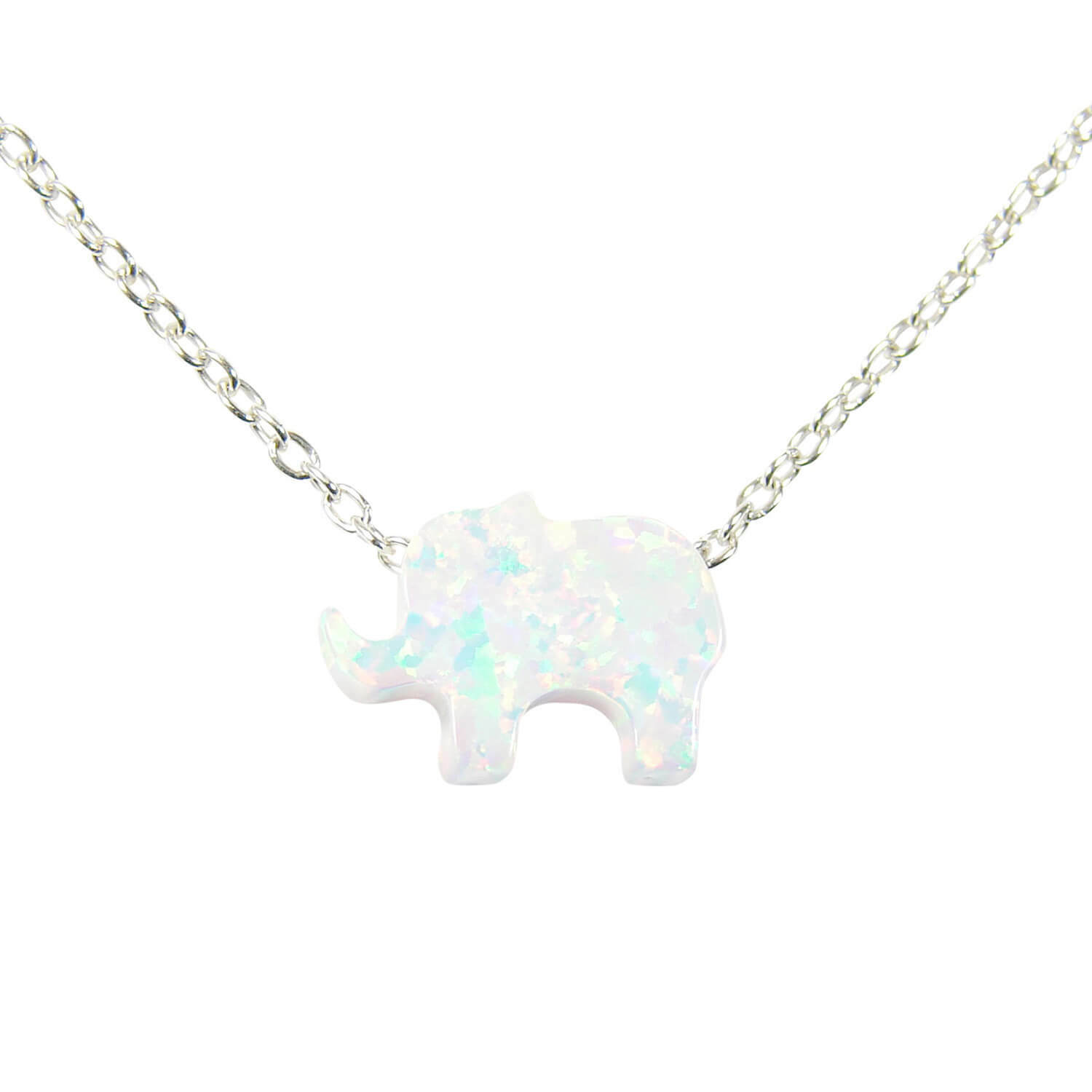 Elephant Necklace Tiny White Lab-Created Opal 925 Sterling Silver Chain
