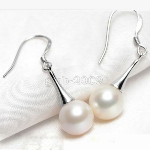 Pretty Silver Plated White 8mm Pearl Bead Hook Elongated Dangle Drop Earrings