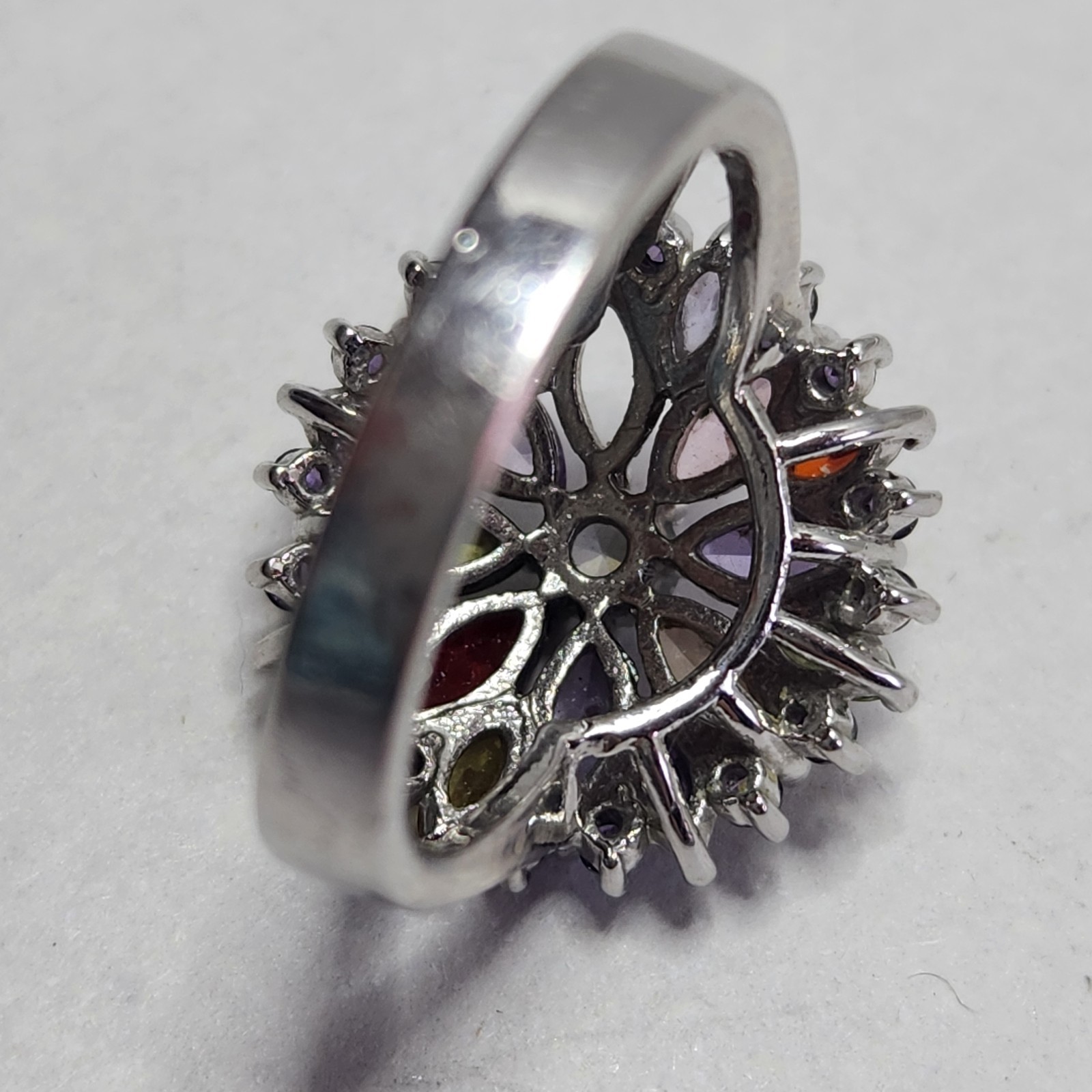 Marquis Flower 925 Plated Ring CZ Garnet Tourmaline Stones Sz 10.5 Missing Stone