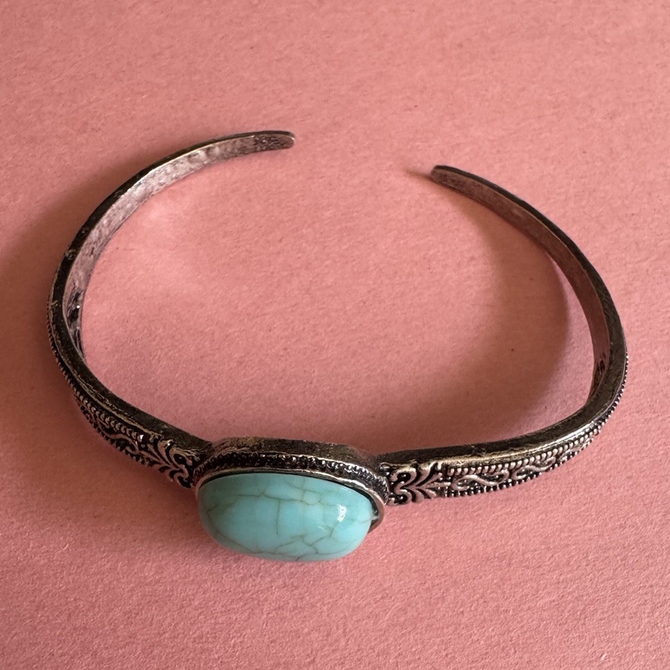 Silver Tone Metal Cuff Bracelet with Turquoise Oval Gem Adjustable Wrist