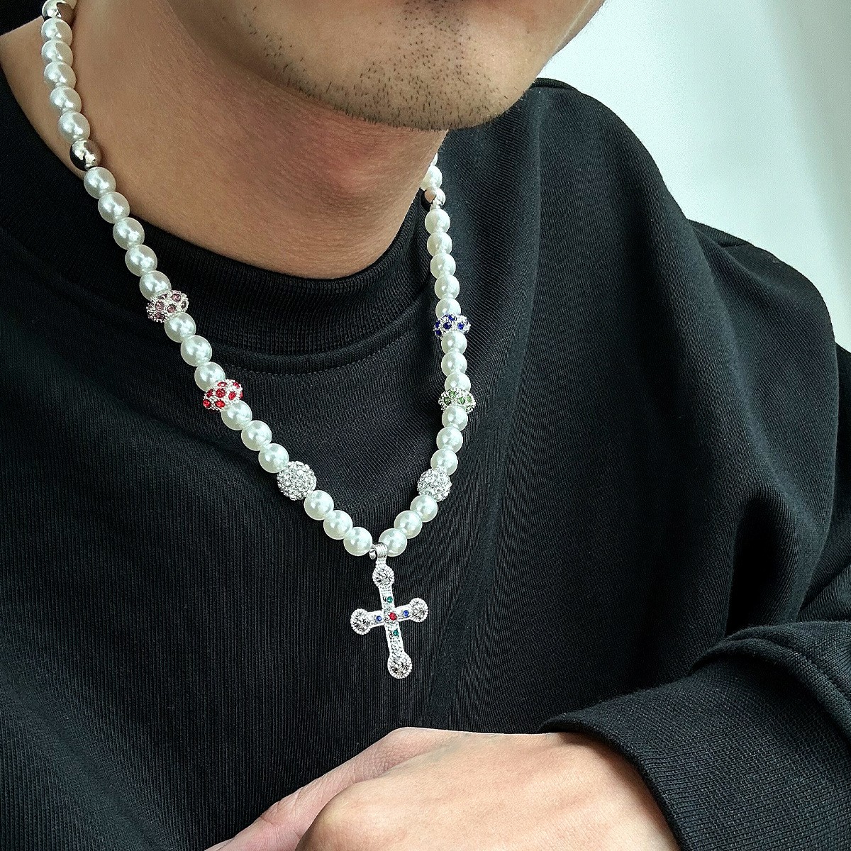 Alloy Imitation Pearl Cross Necklace Men Cubic Zirconia Beaded Pendant Jewelry