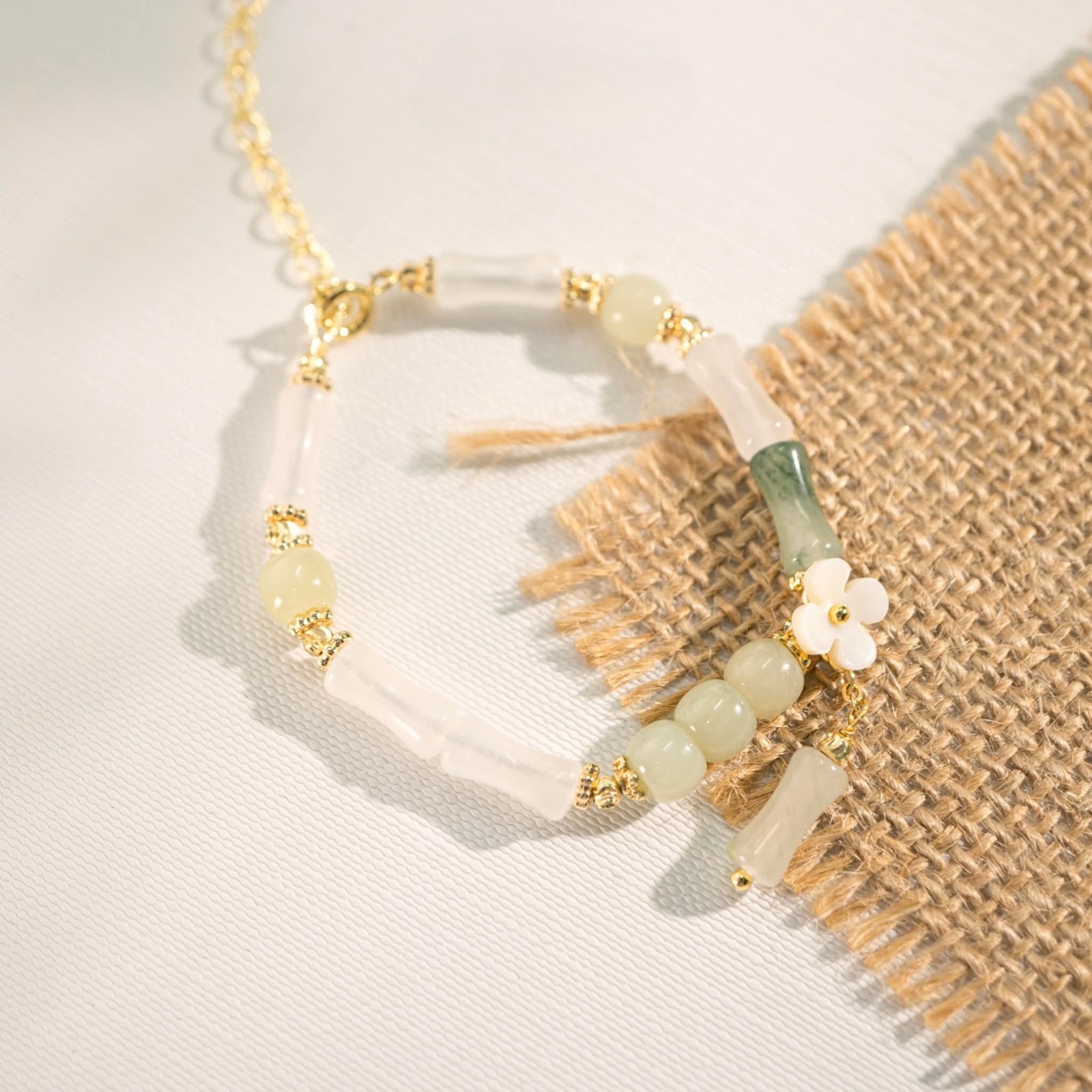 Genuine Hetian Jade Bracelet Bamboo Style Mother of Pearl Flower Gold Plated