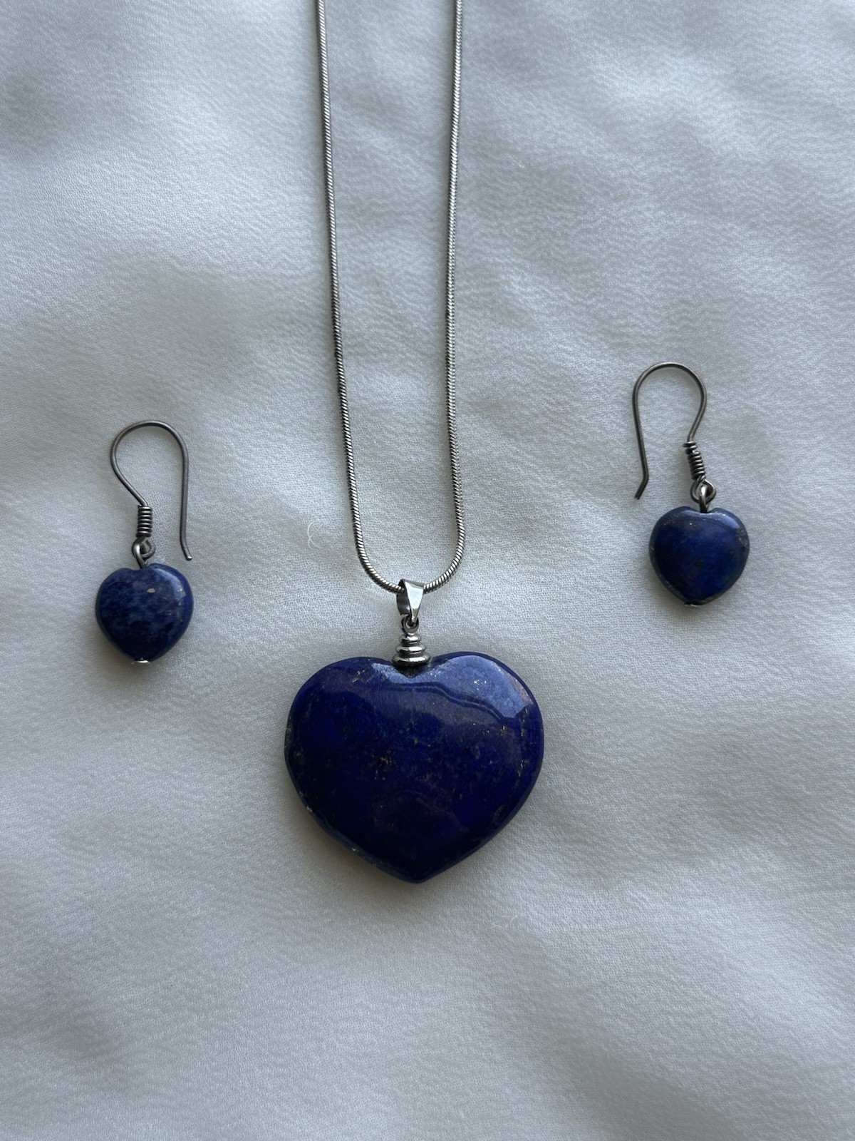 Lapis Lazuli Blue Heart Pendant Necklace & Dangle Earrings Jewelry Set Love