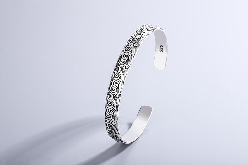 925 Sterling Silver Retro Wave Bangle Bracelet Fashion Open Cuff Jewelry Gift