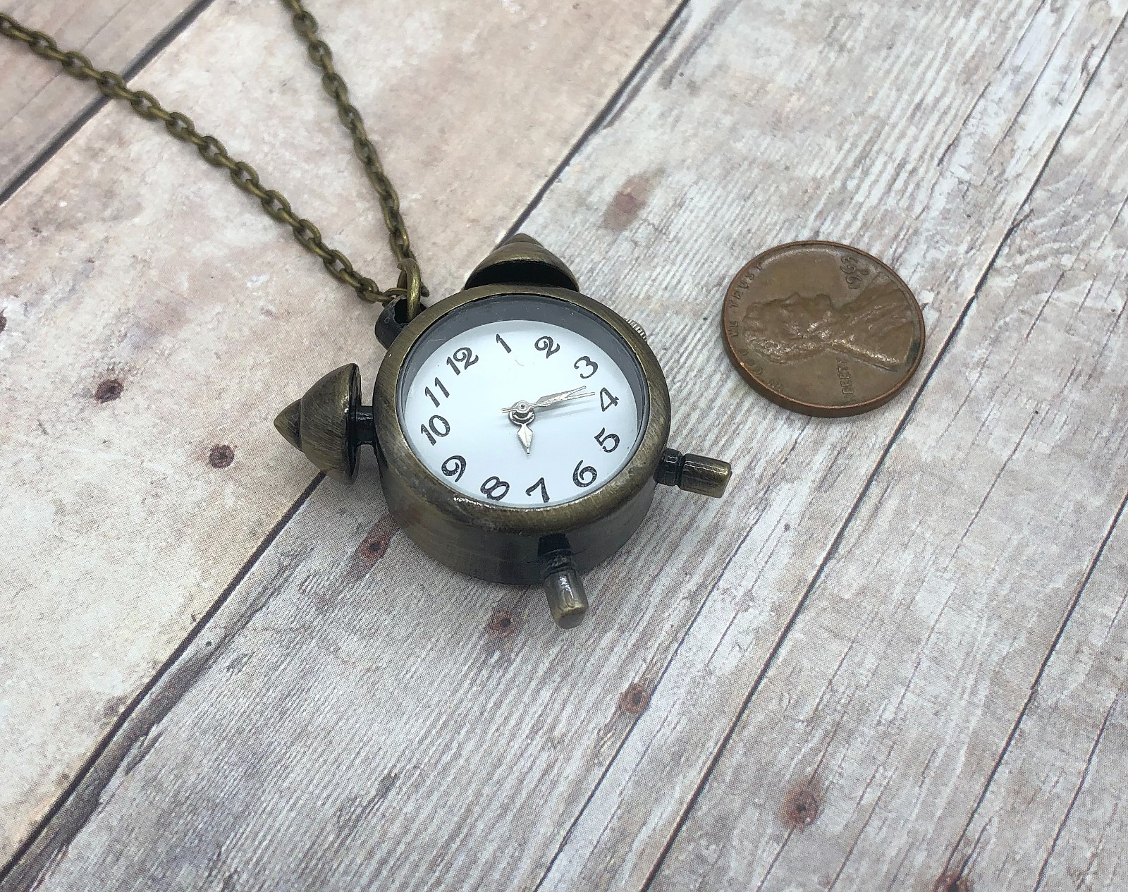 Vintage Bronze Alarm Clock Pocket Watch Necklace Quartz w/ 31 ” Chain & Battery
