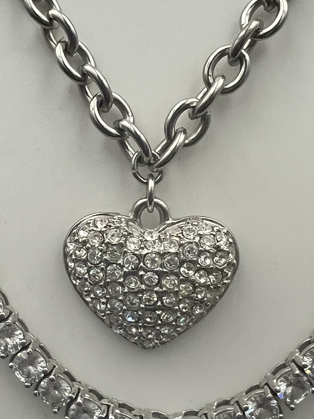 Silver-Tone Layered Necklace Set|Bundle of 3 – Pave Heart Tennis Chain