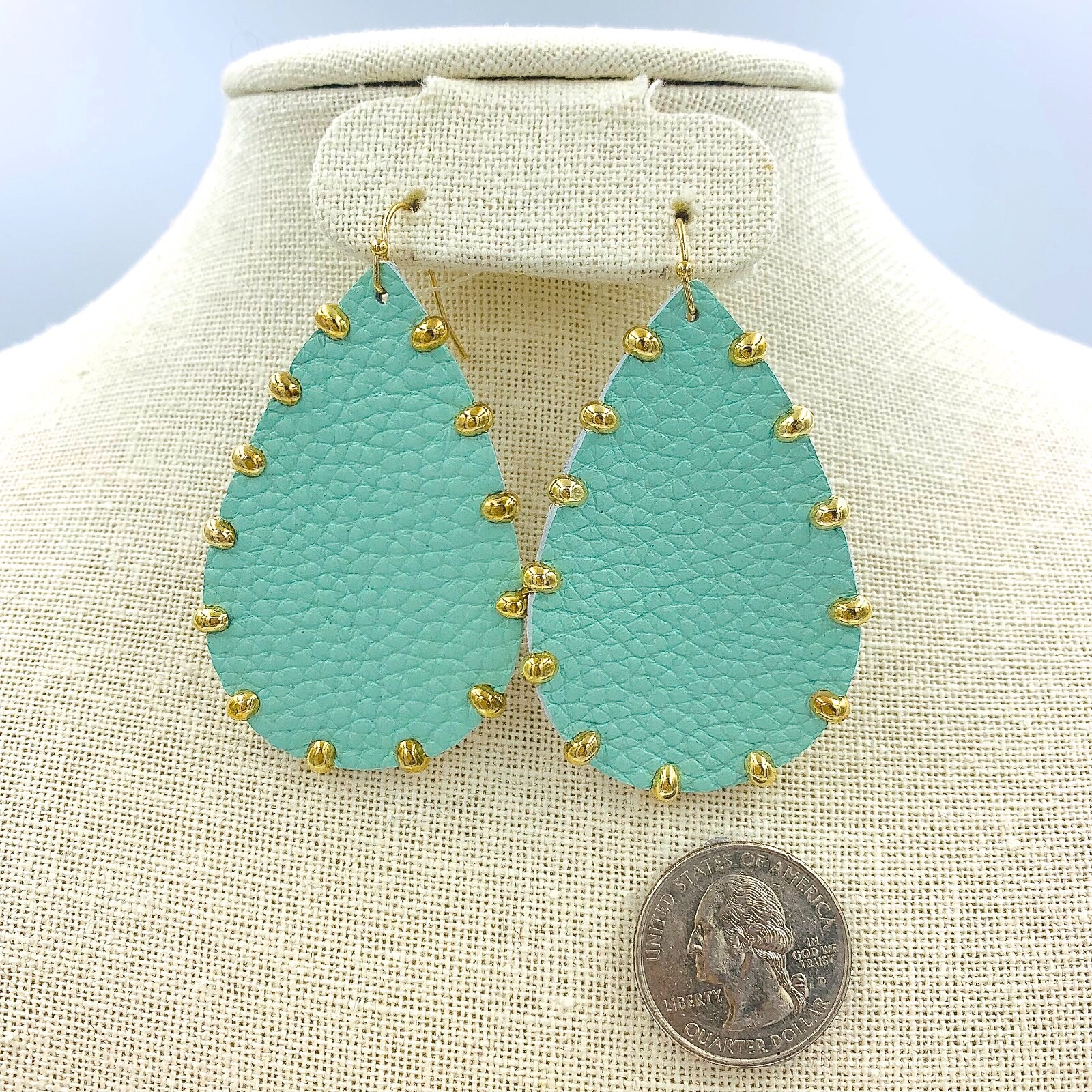 Genuine Leather Gold Studded Teardrop Earrings in 4 Colors (1.57×2.60in)
