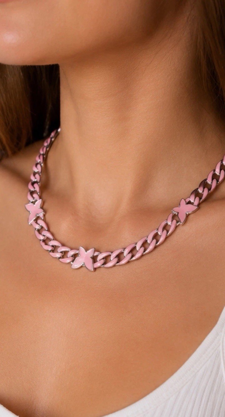Pink Enamel Butterfly Silver Tone Curb Link Choker Necklace Adjustable