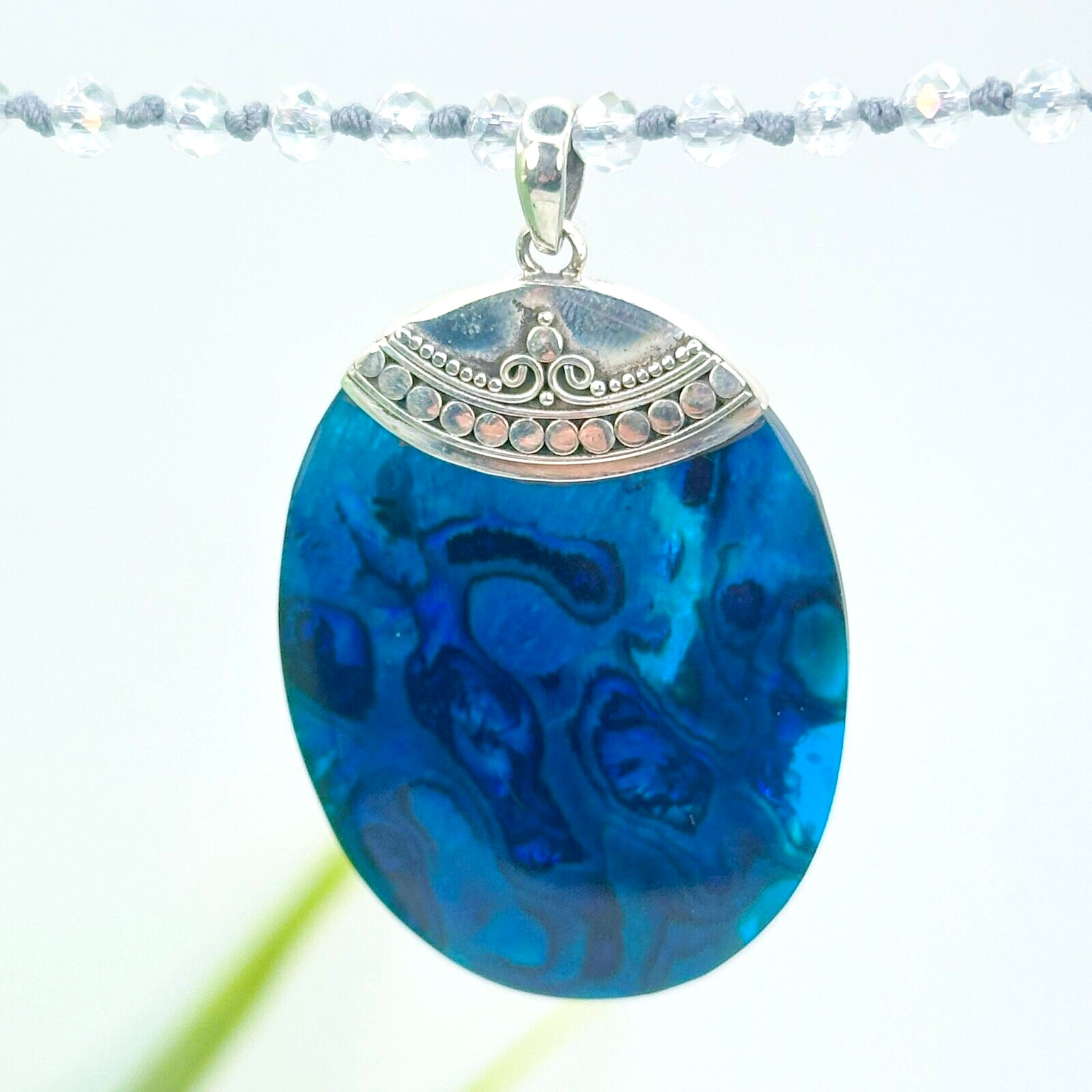 Blue Abalone Paua Shell Oval 925 Sterling Silver Handmade Pendant Necklace NEW!