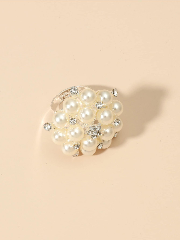 Women Faux Pearl Cluster Rhinestone Flower Statement Cocktail Ring Silver Tone