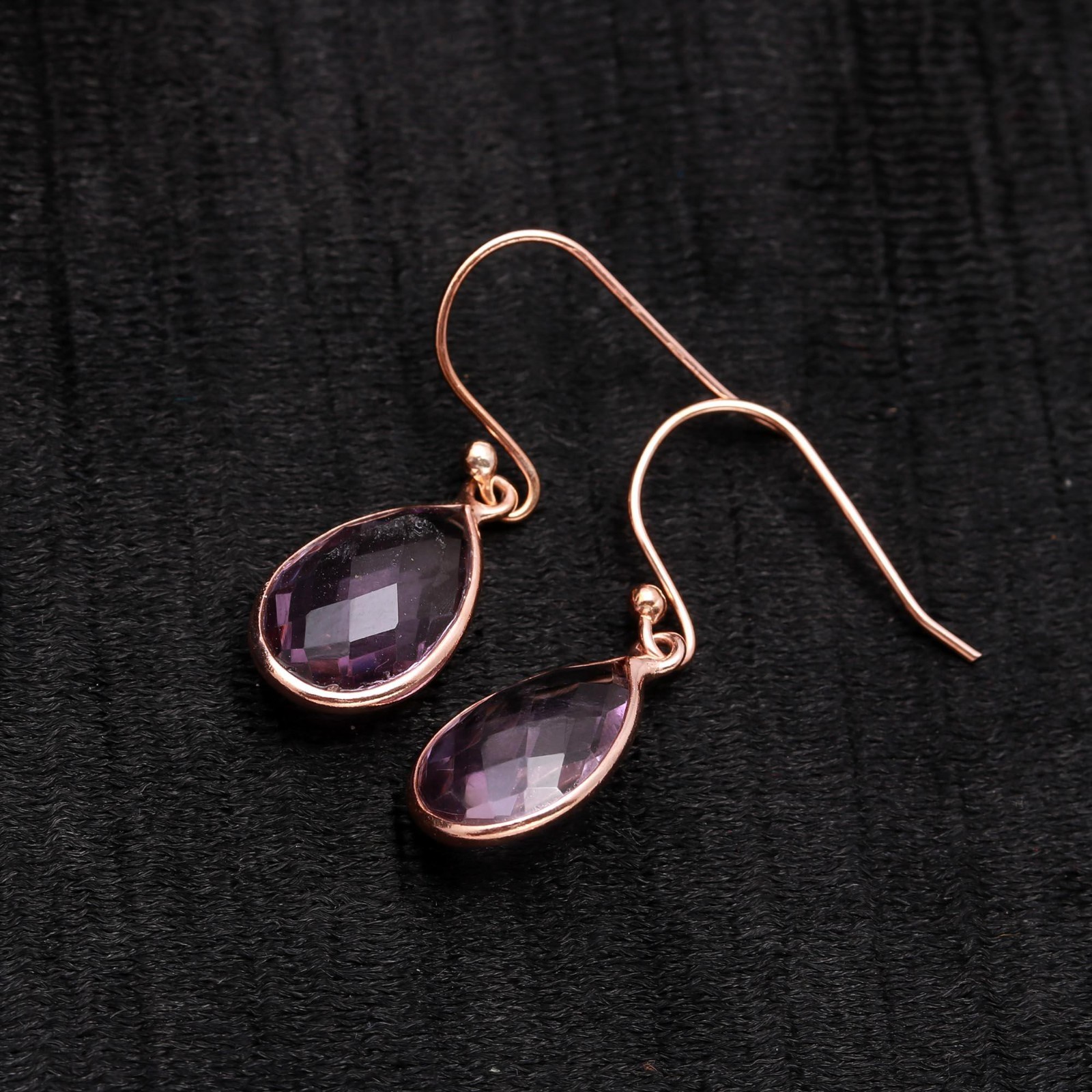 Natural Pink Amethyst Pear Dangle Earrings Rose Gold Plated Solid Silver Jewelry