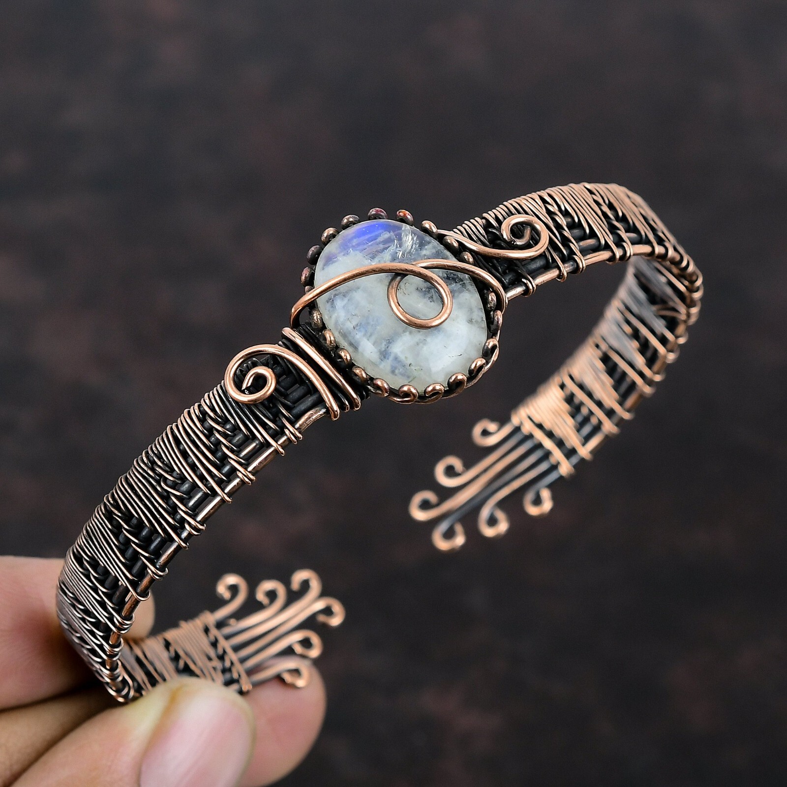 Rainbow Moonstone Wire Wrapped Adjustable Bangle Handcrafted Copper Partywear