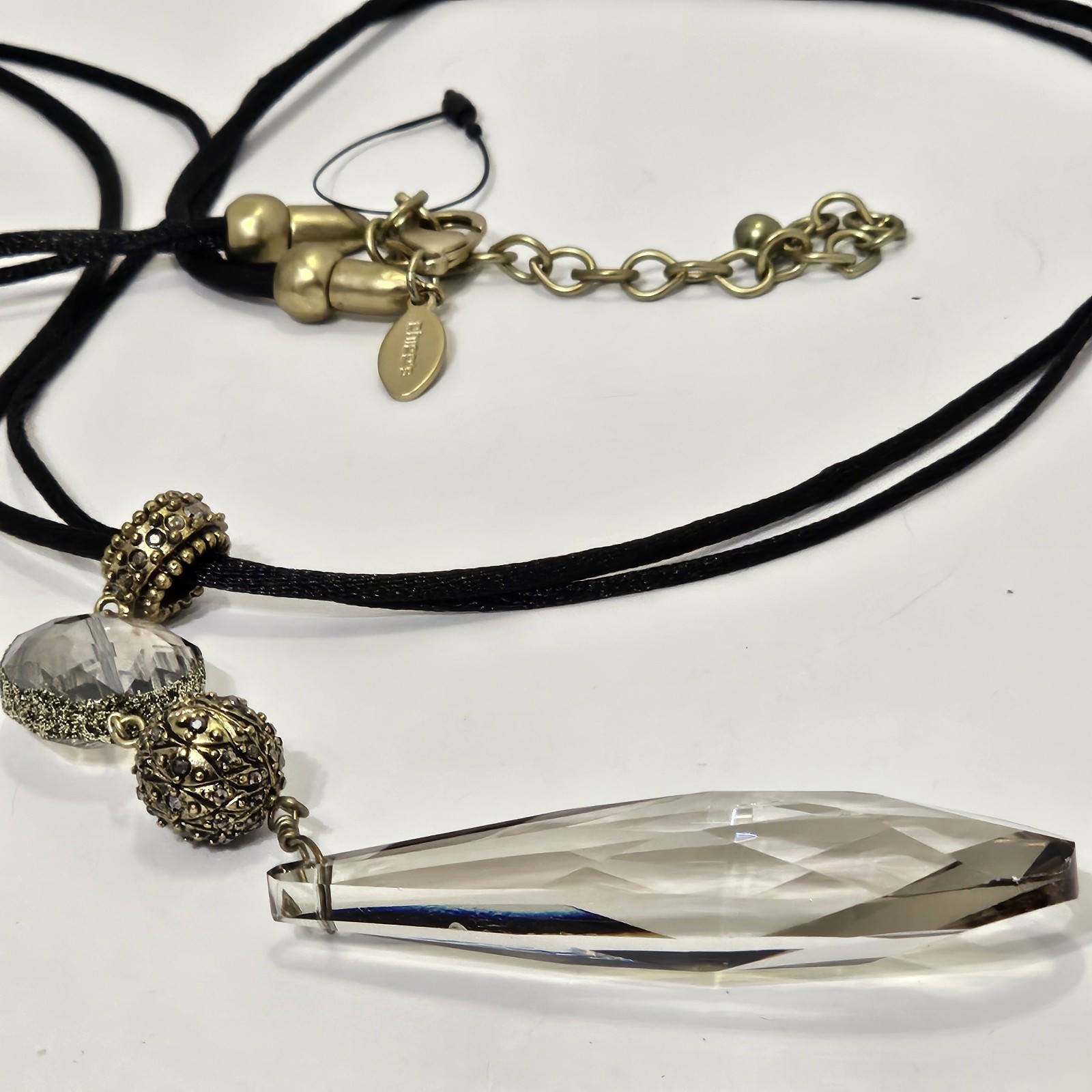 Chicos Smoky Gray Crystal Teardrop Pendant Black Cord Multi Strand Necklace Gold