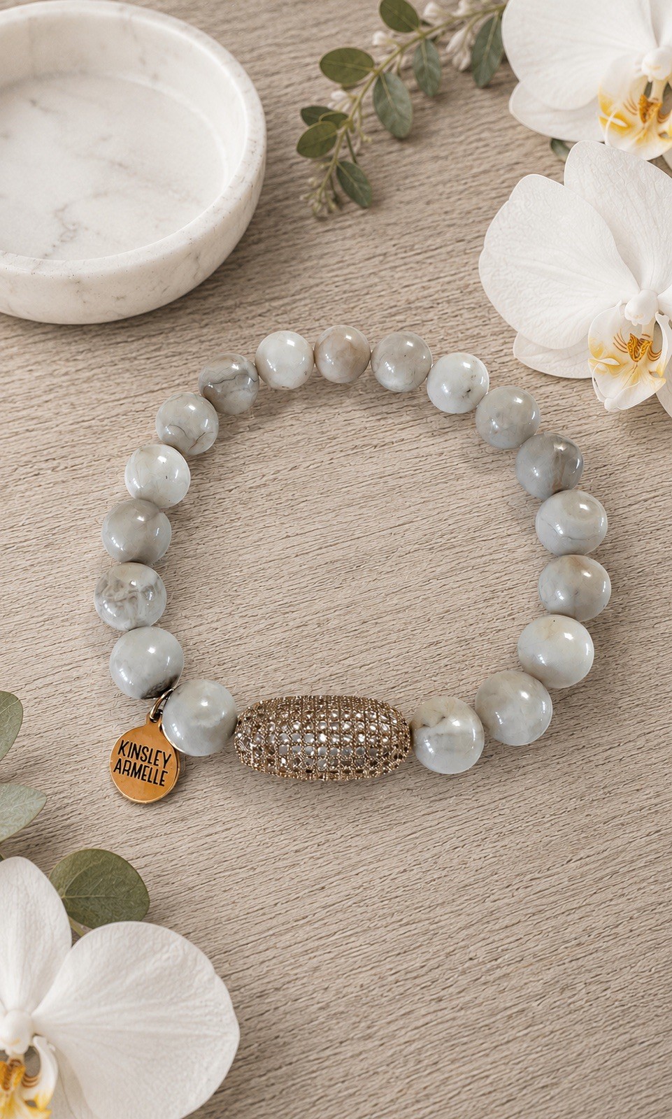 Kinsley Armelle White Marble Beaded Stretch Bracelet Gold Pavé Center Accent