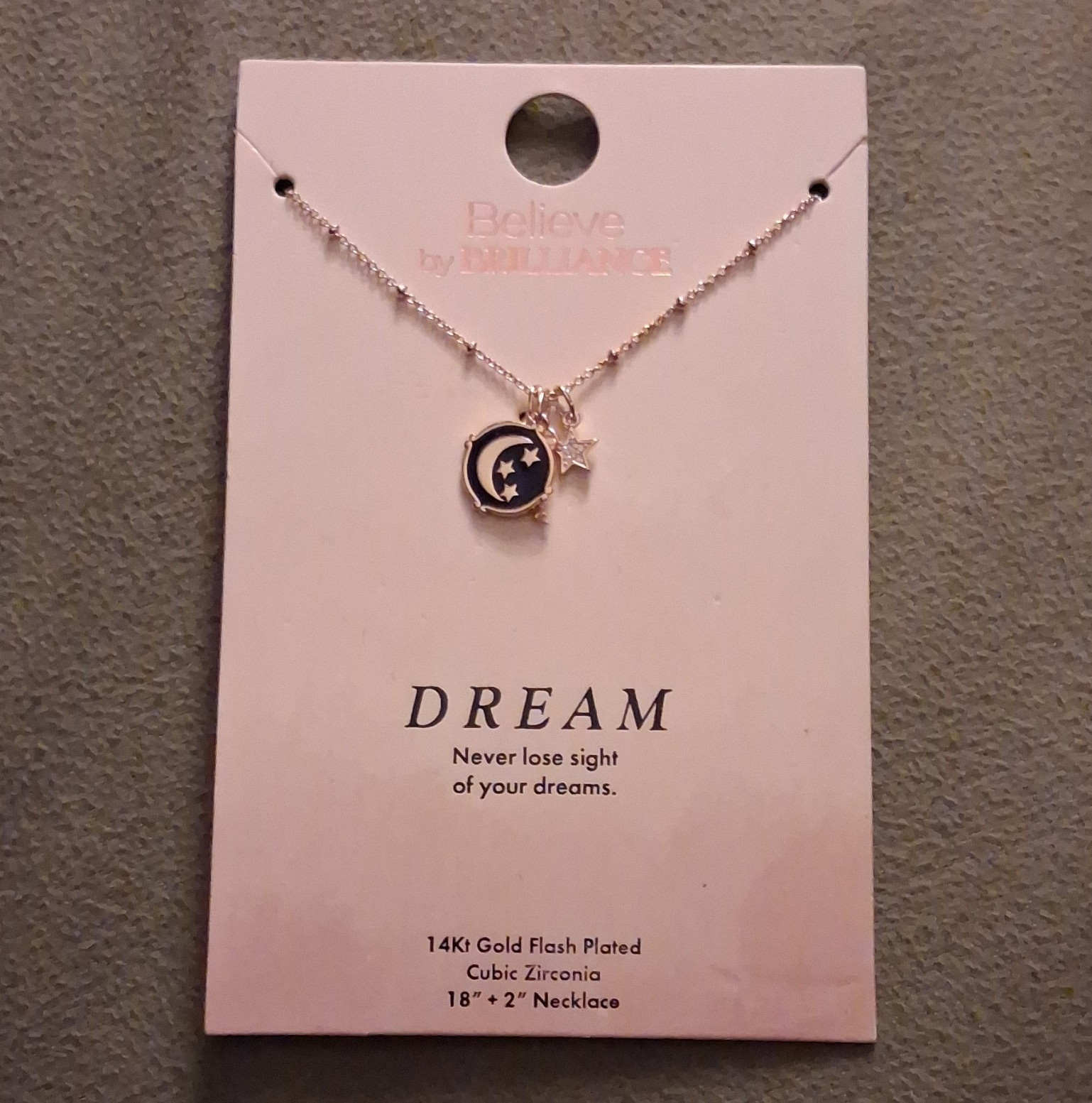 Believe by BRILLIANCE 14K Gold Flash Plated CZ Moon Charm Necklace 18+2 Adj