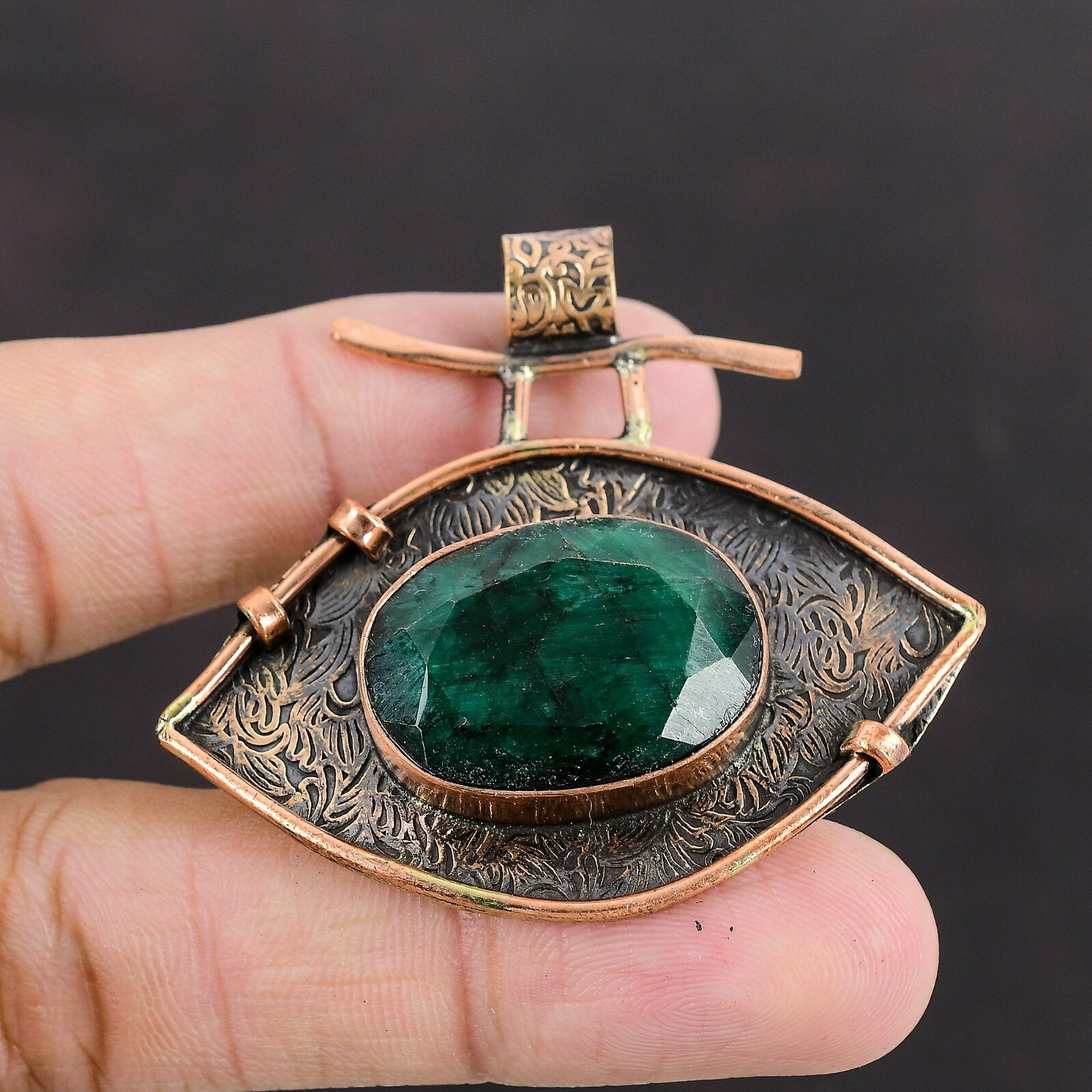 Valentines Deal Zambian Emrald Stone Copper Bezel Anniversary Engagement Pendant