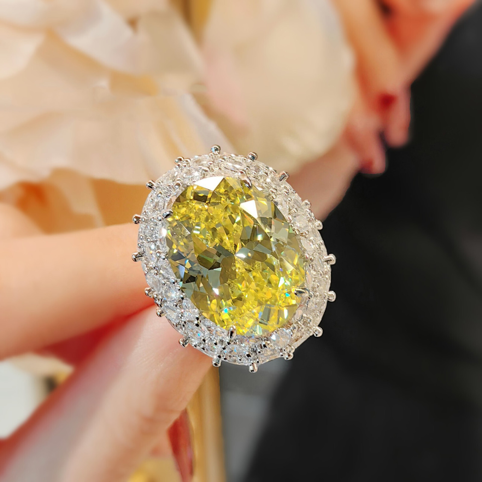 New 20mm Big Nest Cut Yellow Citrine White Topaz Gems Charm Silver Women Rings