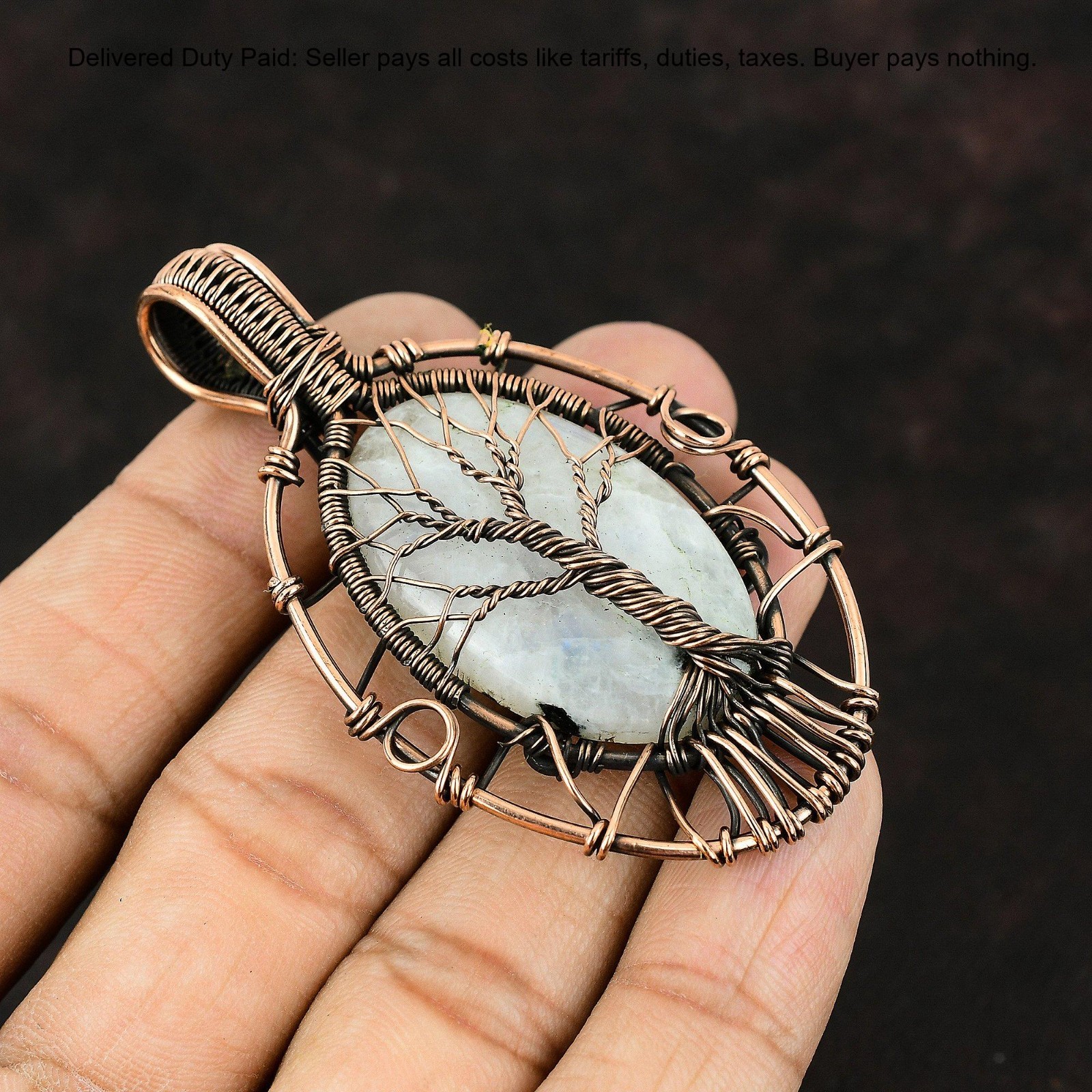 Copper Rainbow Moonstone Gemstone Tree Of Life And Wire Wrapped Pendant Jewelry
