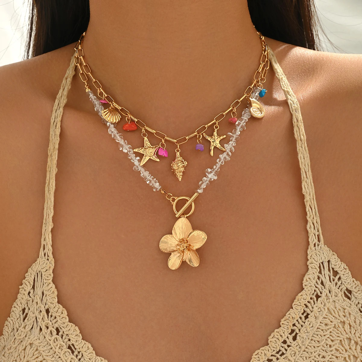 Summer Beach Boho Necklace Starfish Shell Pendant Layered OT Buckle Choker for W