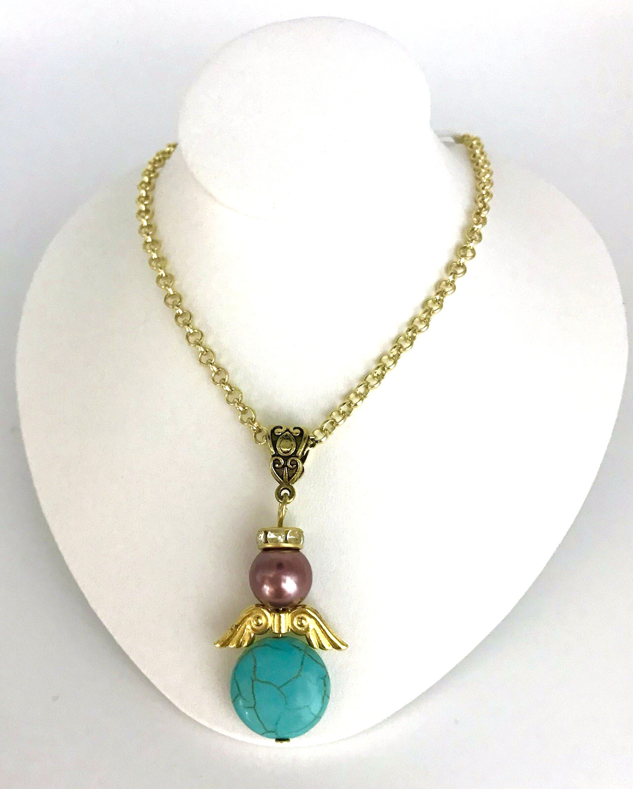 Angel Necklace Turquoise Howlite & Mauve Glass Pearl Bead Gold color Wings Chain