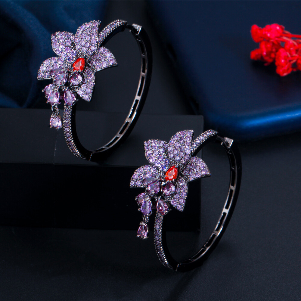 Black Gold Plated Purple CZ Large Round Dangle Drop Tassel Flower Hoop Earrings