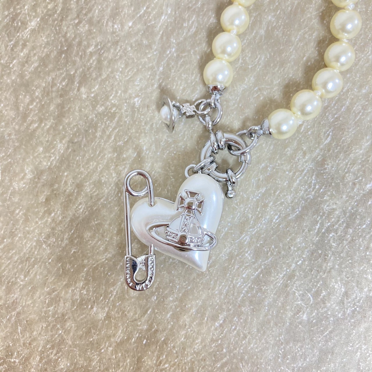 Vivienne Westwood Necklace ORIETTA Pearl Heart Safety pin Silver 40cm NO BOX