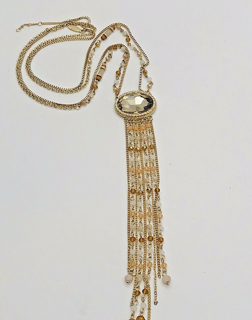 Natasha Fringe Long Necklace Amber Double Strand Color Goldtone Faceted Bead
