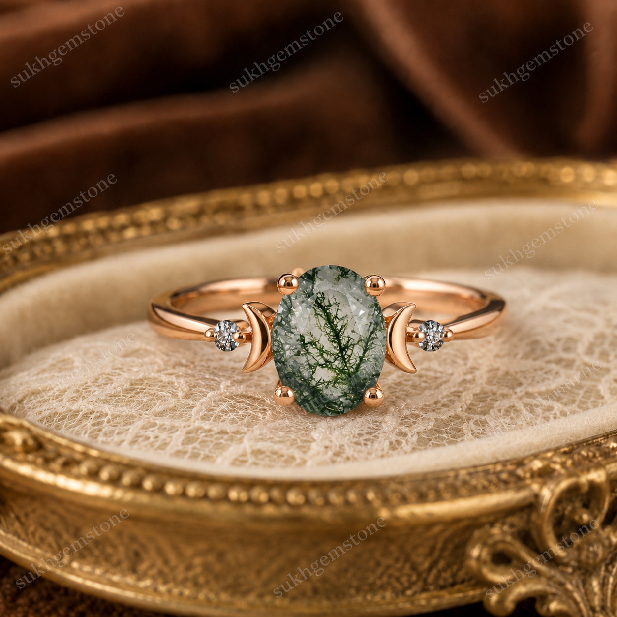 Lab Created Green Moss Agate Ring, Base Metal: Brass Finish: Gold Plated