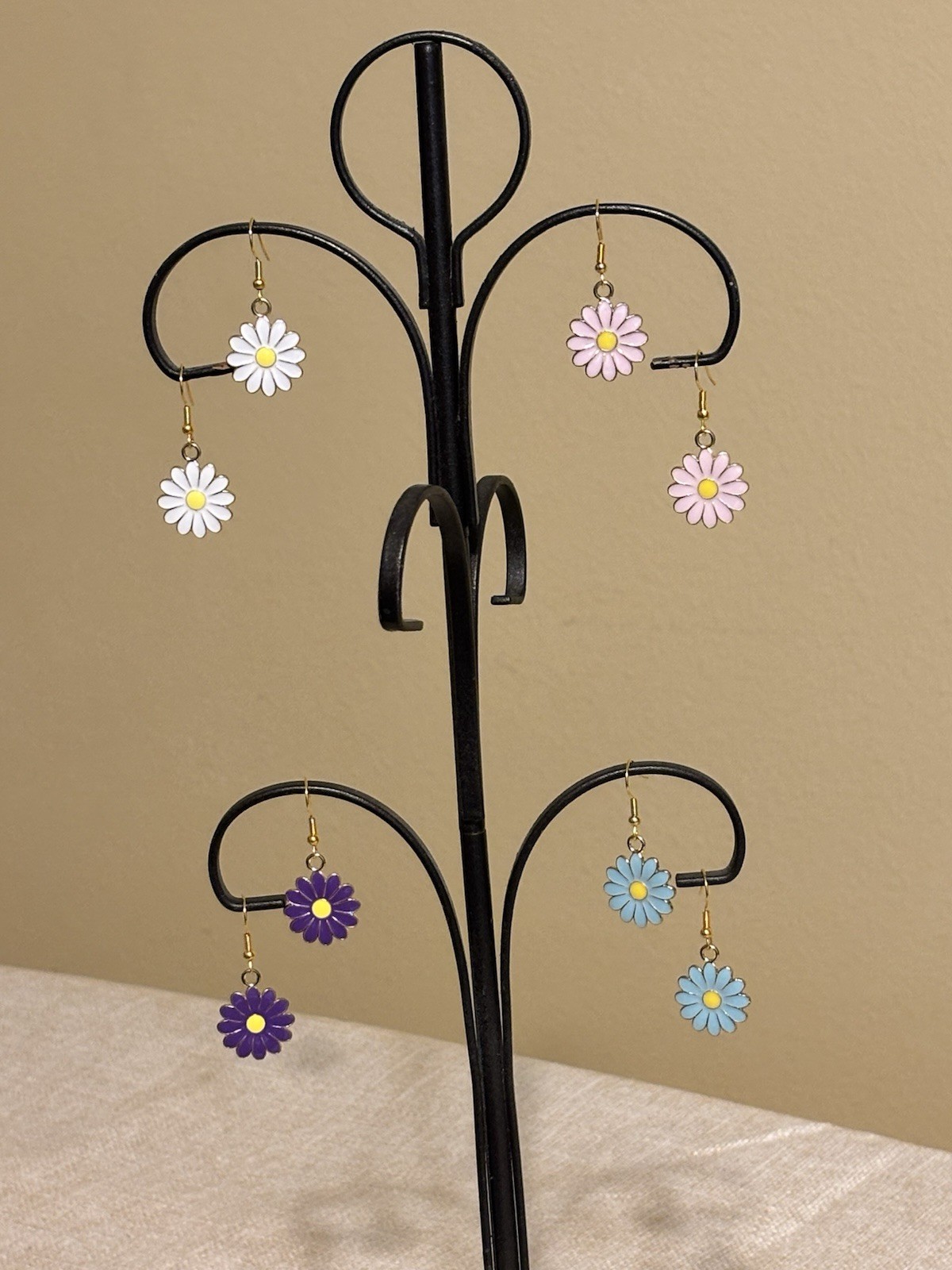 Enamel Daisy Flower Dangle Drop, 4 Sets Earrings Metal French Wire, Multicolor