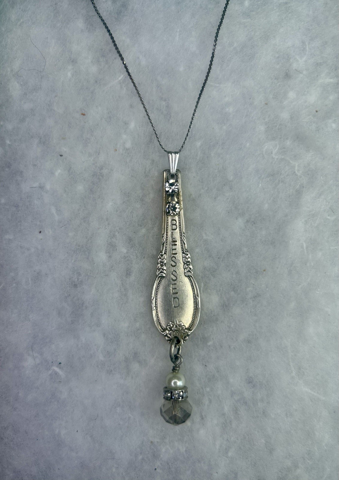 Vintage “Blessed” Spoon Handle Pendant Necklace (c. 1940s–1960s)