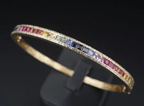 8 Ct Princess Simulated Multi Gemstone Real 925 Sterling Silver Bangle Bracelet