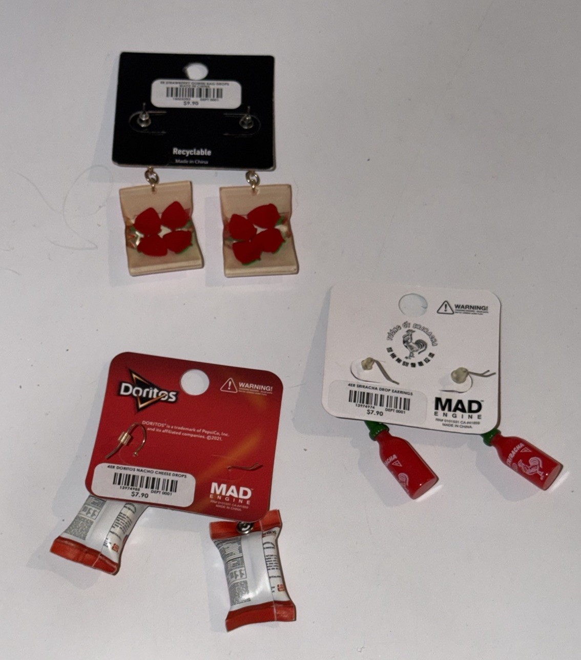 Hot Topic 3D Dangle Earrings Lot Doritos Sriracha Sauce & Strawberry Gummies