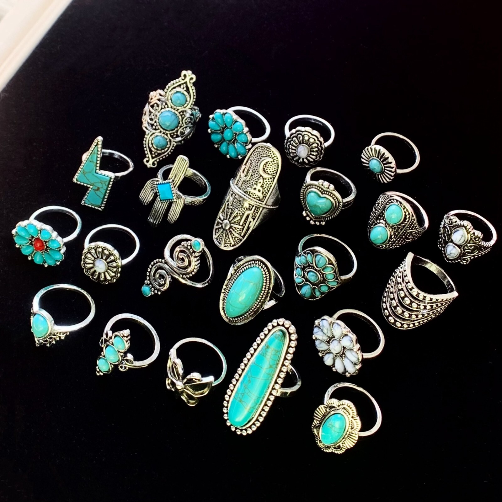 Bulk Lot 50pcs Bohemia Turquoise Stone Vintage Rings Women Silver Plated Jewelry