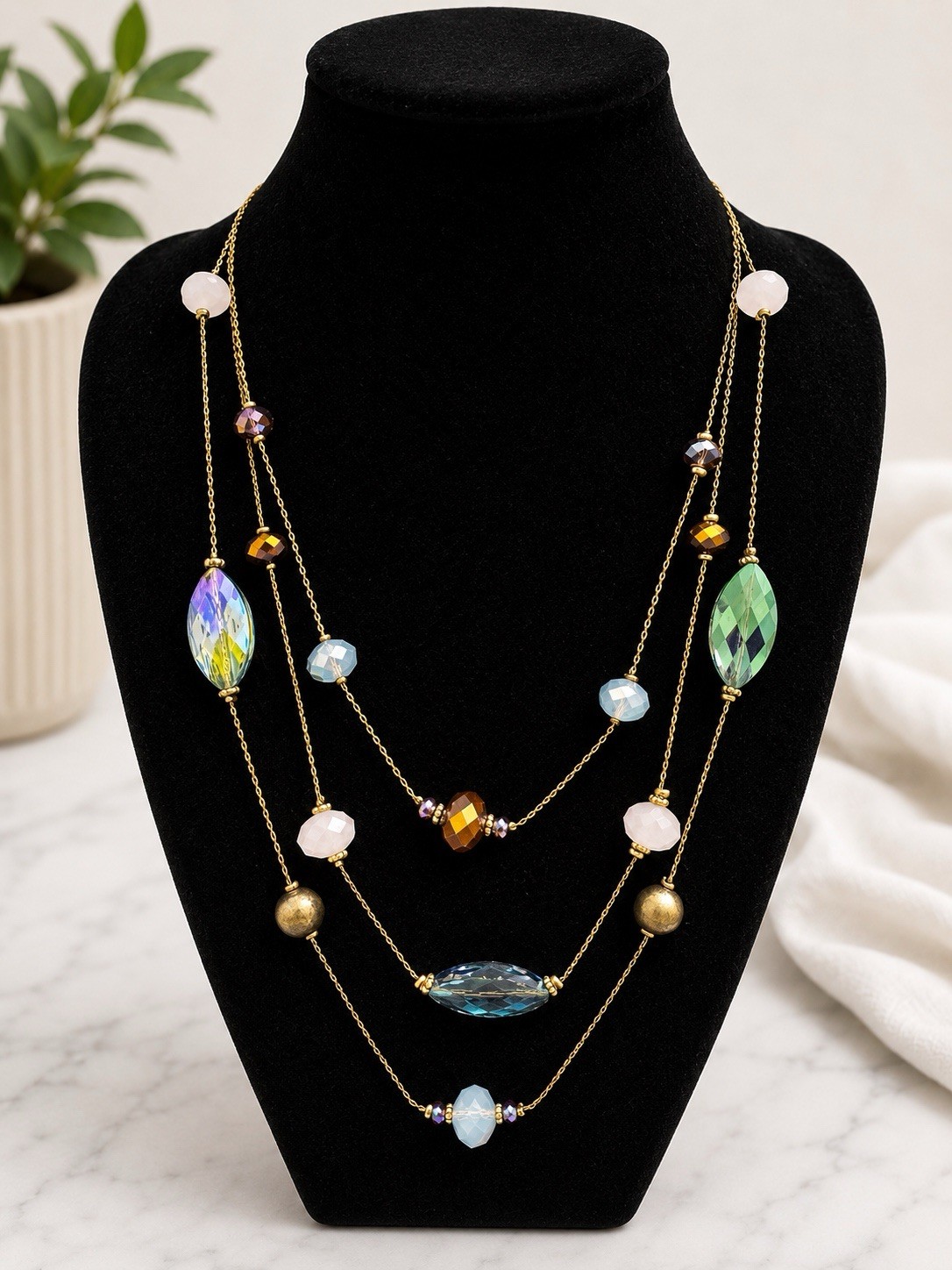 Triple Strand Blue Green Crystal Beaded Necklace Gold Tone Statement Jewelry